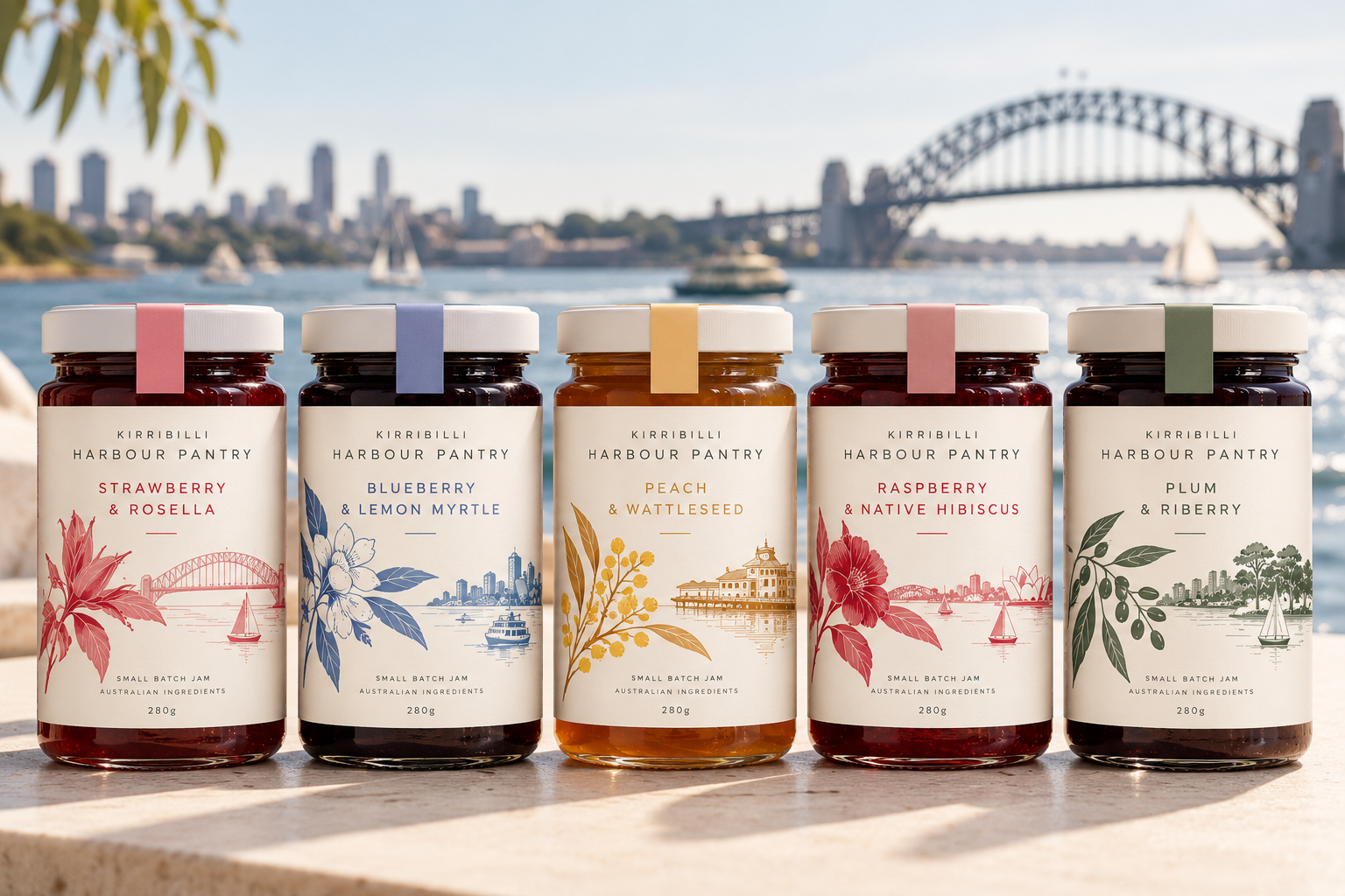 Five Kirribilli Pantry jars on a sandstone ledge by the harbour